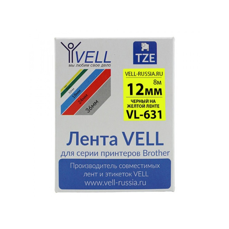 Лента Vell VL-S631 (Brother TZE-S631, 12мм, черный на желтом) для PT 1010/1280/D200/H105/E100/ D600/E300/2700/P700/E550/970