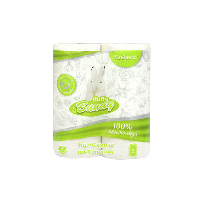 Полотенца бумажные 2-слойные Fluffy Bunny белые 2 рулона, 12,5м, 100% целлюлоза