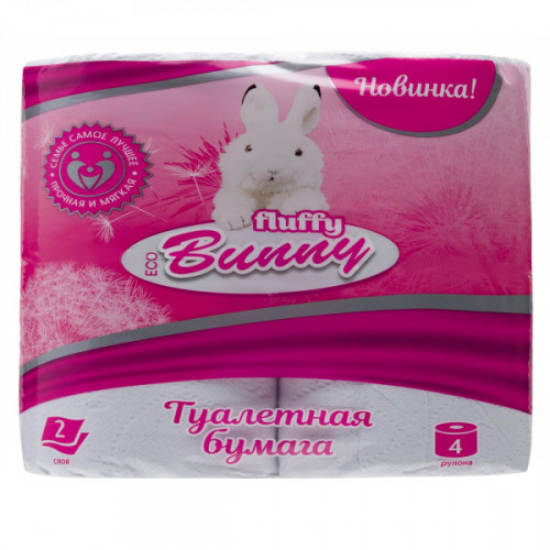 Бумага туалетная 2-слойная Fluffy Bunny Eco белая 4 рулона 17.5м , вторичное волокно