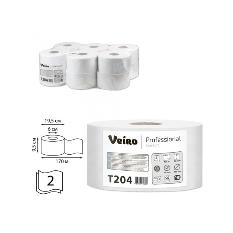 Туалетная бумага Veiro Professional Comfort рулонная белая 2-слойная в средних рулонах 170 м 12 рул/уп