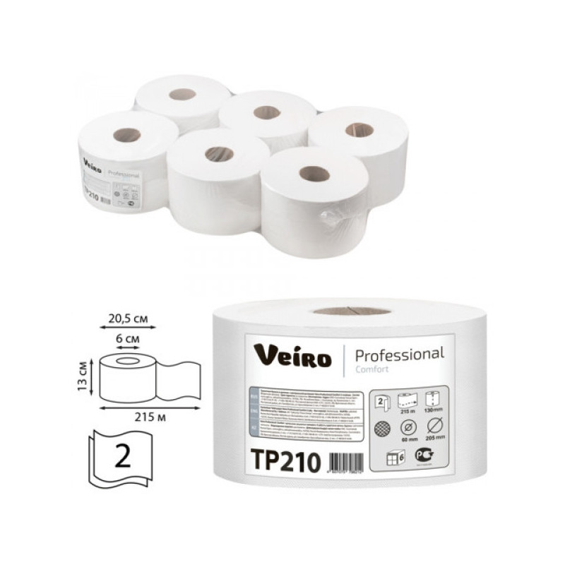 Туалетная бумага Veiro Professional Comfort рулонная белая 2-слойная с центральной вытяжкой 215 м 6 рул/уп