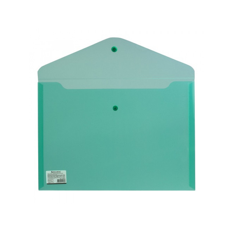 Папка-конверт с кнопкой BRAUBERG, А3, 180 мкм, прозрачная, зеленая, 224033