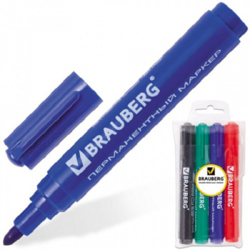 Набор маркеров перманентных BRAUBERG "Classic", набор 4 шт., (черный, синий, красный, зеленый), 150299