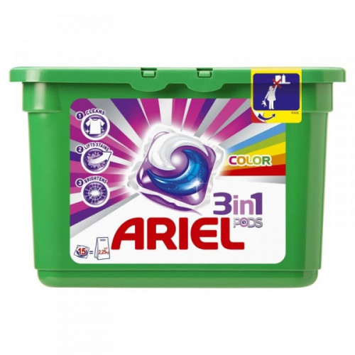 Капсулы для стирки Ariel 3 в 1 для цветного белья 15 штук в упаковке