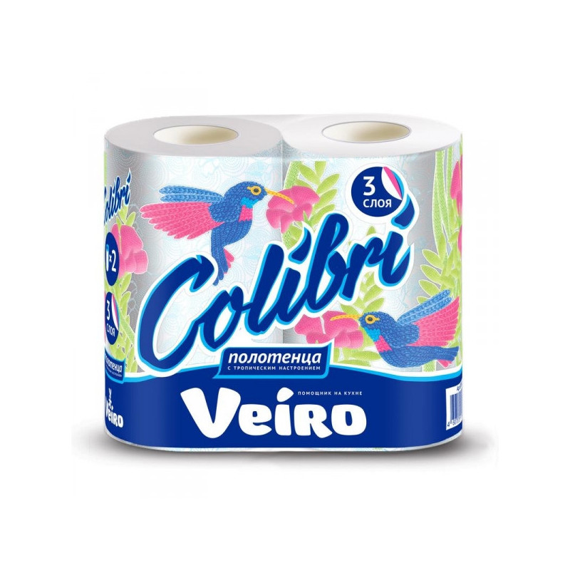 Полотенца бумажные Veiro Colibri с цветным тиснением трехслойные 2 рулона по 12,5 метра