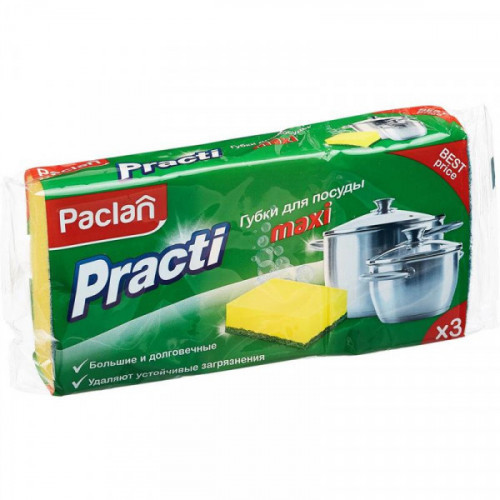 Губка для мытья посуды, поролон, 95x65x35мм, желтый, 3шт/упак, Paclan Practi maxi, абразив