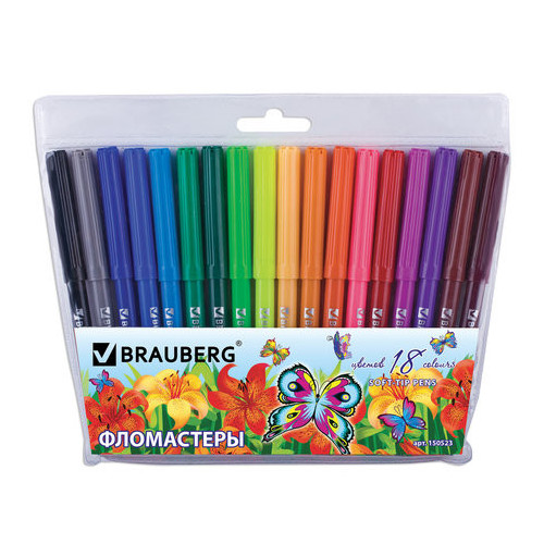 Фломастеры BRAUBERG "Wonderful butterfly", 18 цветов, вентилируемый колпачок, пластиковая упаковка, увеличенный срок службы