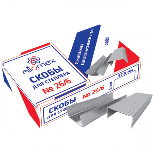 Скобы для степлера "Attomex" 26/6 1000 шт в картонной коробке, оцинкованные