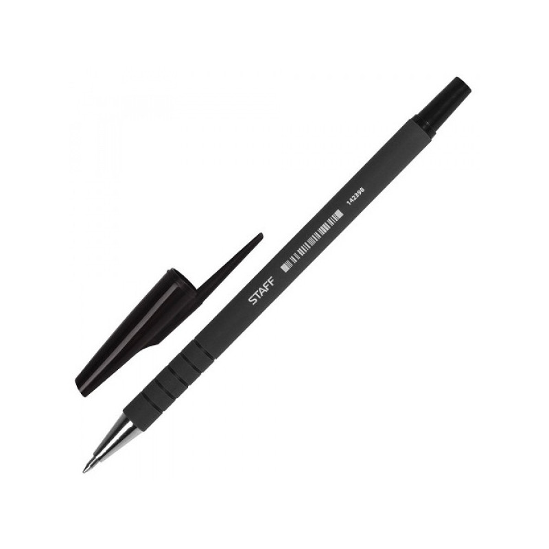 Ручка шариковая STAFF, корпус прорезиненный черный, узел 0,7 мм, линия 0,35 мм, черная, 142398