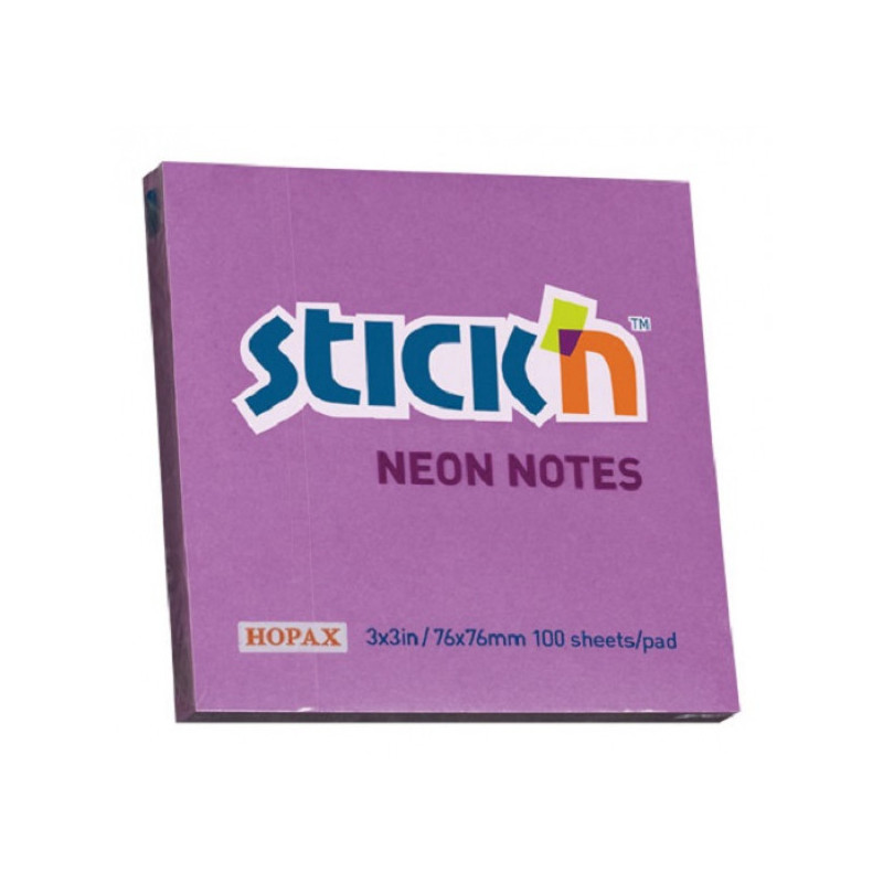 Самоклеящийся блок STICK`N 76х76 мм, неон фиолетовый, 100 листов