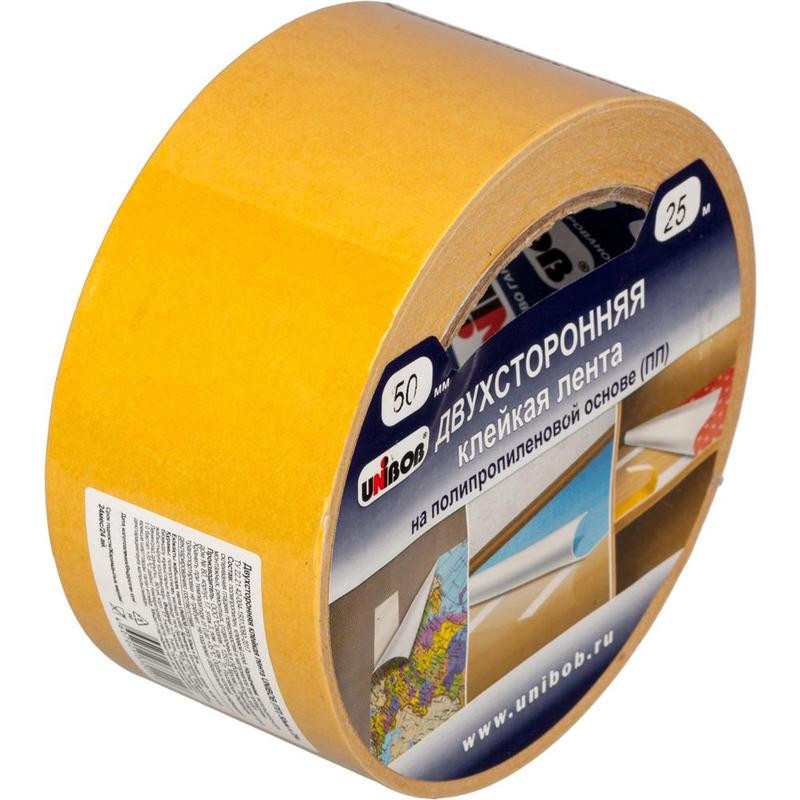 Клейкая лента двусторонняя 50мм, 25м, 71 мкм, белая, полипропилен, UNIBOB