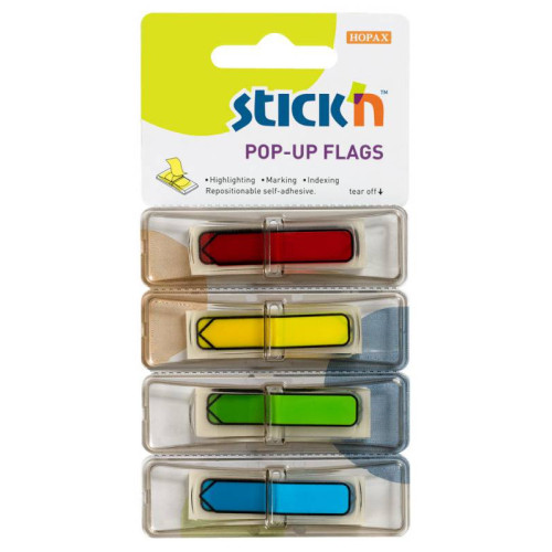 Клейкие закладки пластиковые STICK'N, 45х12 мм, неон 4 цвета, 120 закладок, стрелки, диспенсер