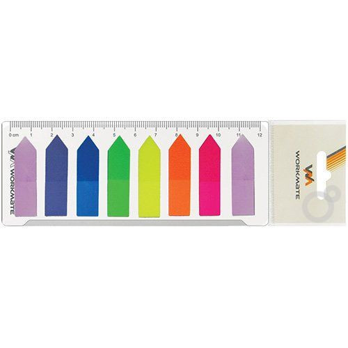 Клейкие закладки пластиковые, 44х12 мм, неон 8 цветов, 200 закладок, стрелки, линейка, упаковка блистер