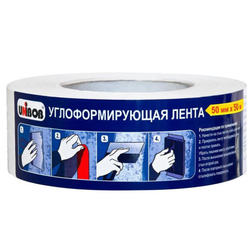 Клейкая лента малярная 50мм, 50м, белая, плотная бумага с перфорацией, Unibob, д/строительных работ углоформирующая