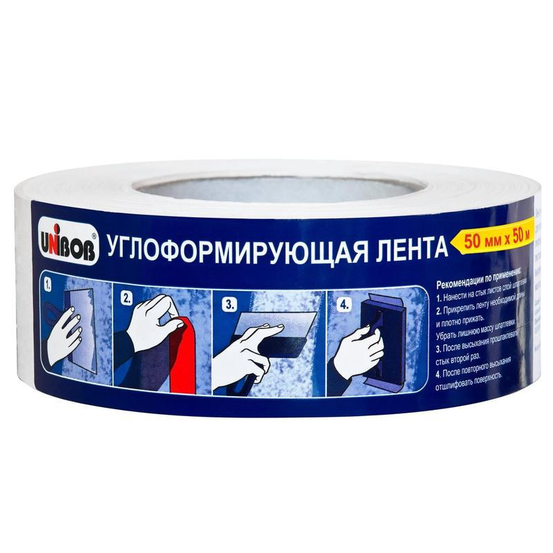Клейкая лента малярная 50мм, 50м, белая, плотная бумага с перфорацией, Unibob, д/строительных работ углоформирующая