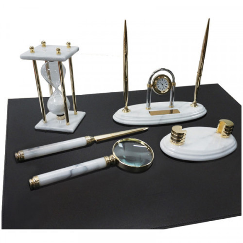 Набор настольный Delucci 6 предметов белый мрамор с золотой отделкой часы в комплекте