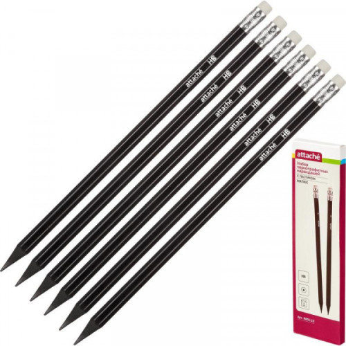 Набор карандашей чернографитных HB, с ластиком, заточен, черный, пластик, шестигранный, 6 шт/упак, Attache Economy