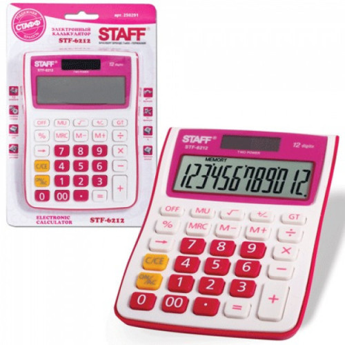 Калькулятор STAFF настольный STF-6212, МАЛИНОВЫЙ, 12 разрядов, двойное питание, 148х105 мм, блистер, 250291