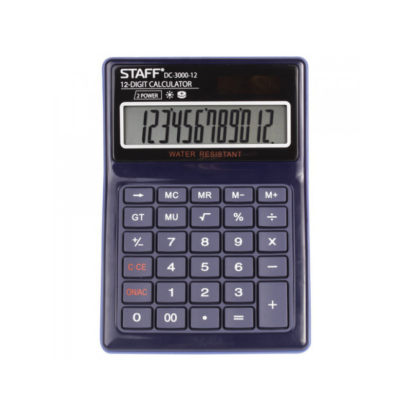 Калькулятор STAFF PLUS настольный DC-3000-12, водонепроницаемый, 12 разрядов, двойное питание, 171x120 мм, 250424