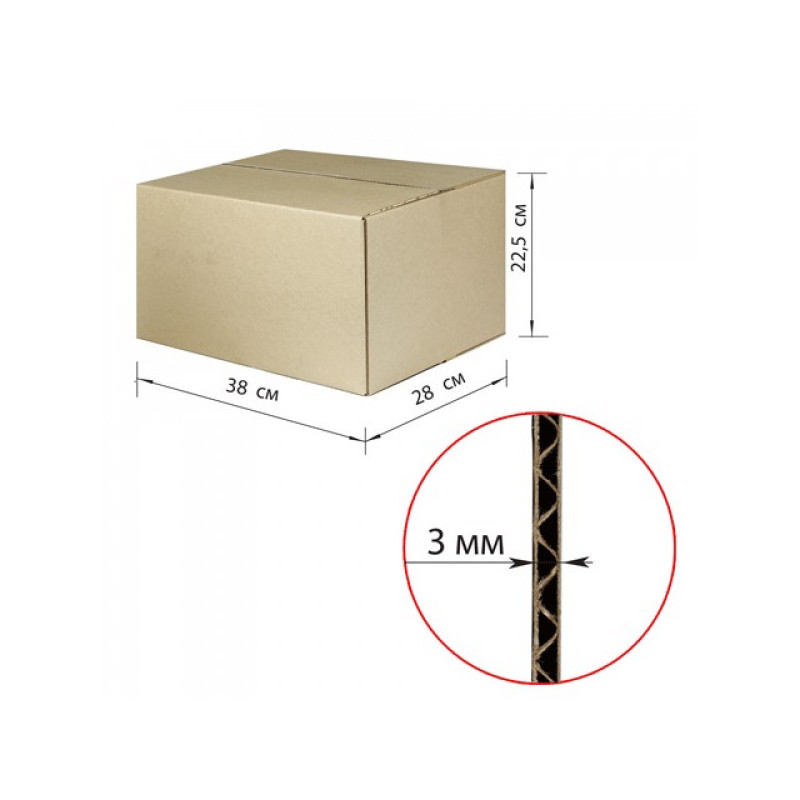 Короб картонный, длина 380 х ширина 280 х высота 225 мм, марка Т22, профиль В, FEFCO 0201 / ГОСТ, исполнение А, 440055