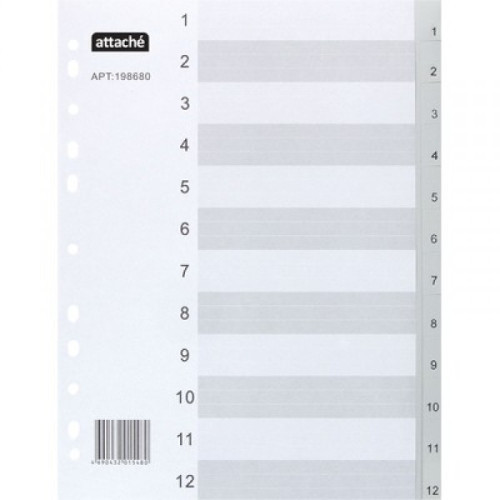 Разделитель листов Attache, А4, пластиковый 12 листов, цифровой 1-12, серый