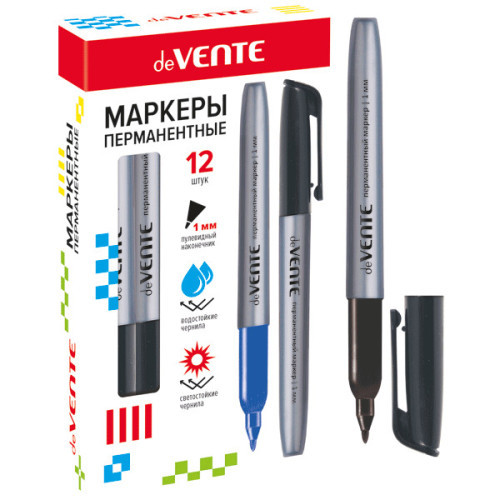 Маркер перманентный круглый корпус, с клипом, пулевидный наконечник, ширина линии 1 мм, черный, deVENTE