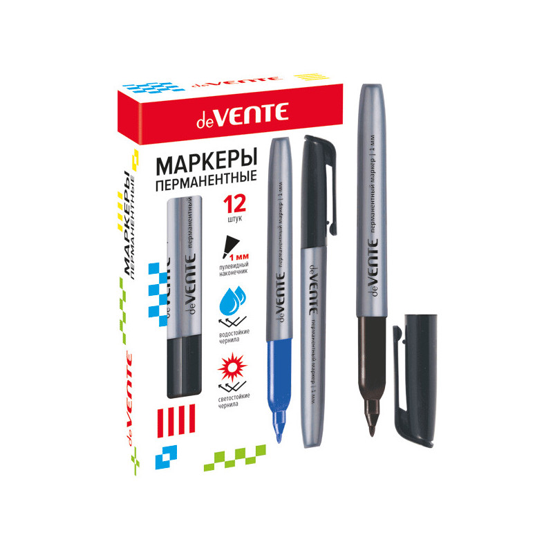 Маркер перманентный круглый корпус, с клипом, пулевидный наконечник, ширина линии 1 мм, черный, deVENTE