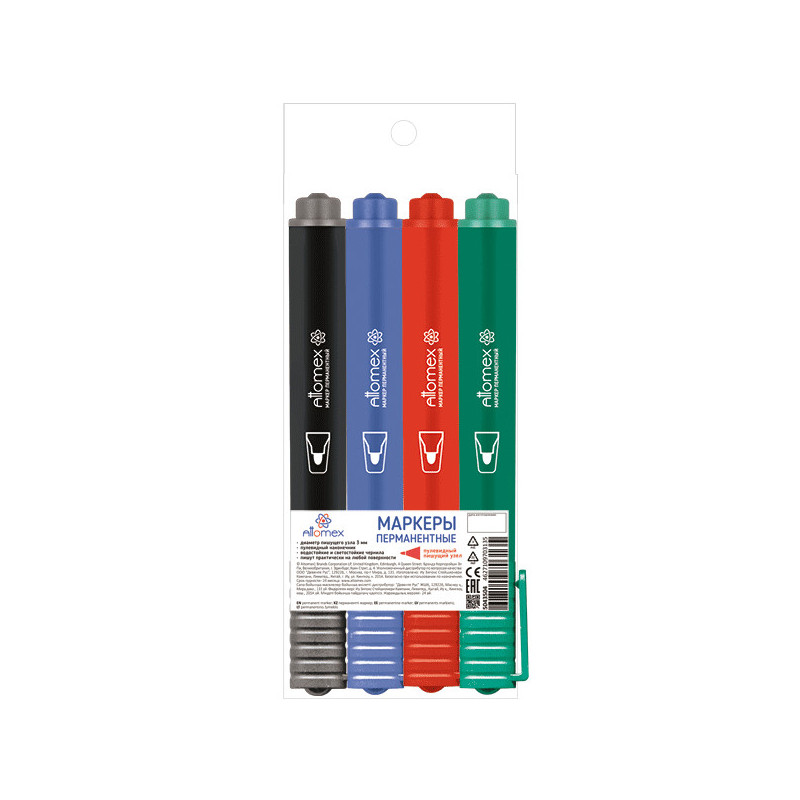 Набор маркеров перманентных, толщина линии 1-3 мм, наконечник пулевидный/круглый, 4 шт/упак, 4 цвета, Attomex