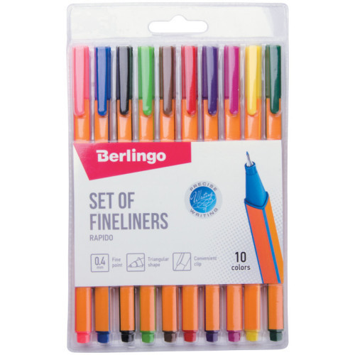 Ручки капиллярные 10 цветов, Berlingo "Rapido", толщина линии 0,4 мм, трехгранный корпус, европодвес