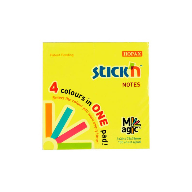 Самоклеящийся блок Stick`n Magic, 76x76, 4 неоновых цвета, 100 листов