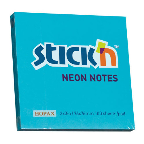 Самоклеящийся блок STICK`N, 76x76, неон голубой, 100 листов
