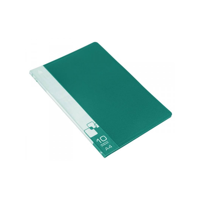 Папка с 10 прозрачными вкладышами A4 пластик 0.60 мм карман с бумажной вставкой зеленая