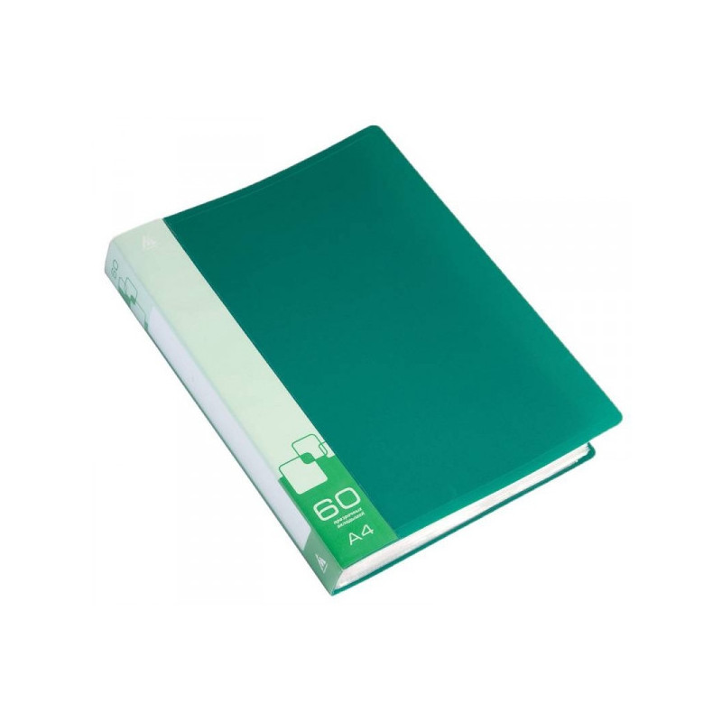 Папка с 60 прозрачными вкладышами пластик 0.70 мм карман с бумажной вставкой A4 зеленая