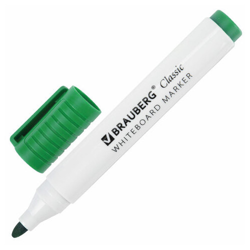Маркер стираемый для белой доски ЗЕЛЕНЫЙ, BRAUBERG "CLASSIC", 3 мм, с клипом, 152116