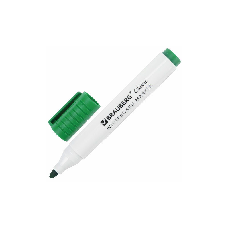Маркер стираемый для белой доски ЗЕЛЕНЫЙ, BRAUBERG "CLASSIC", 3 мм, с клипом, 152116
