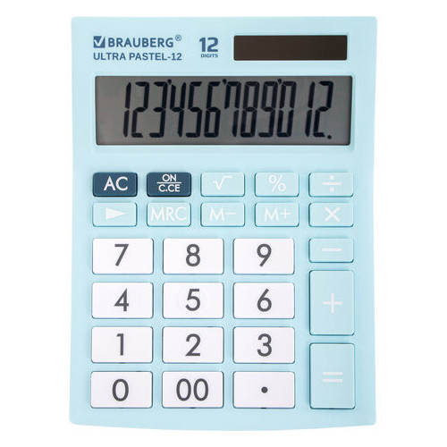 Калькулятор настольный BRAUBERG ULTRA PASTEL-12-LB (192x143 мм), 12 разрядов, двойное питание, ГОЛУБОЙ, 250502