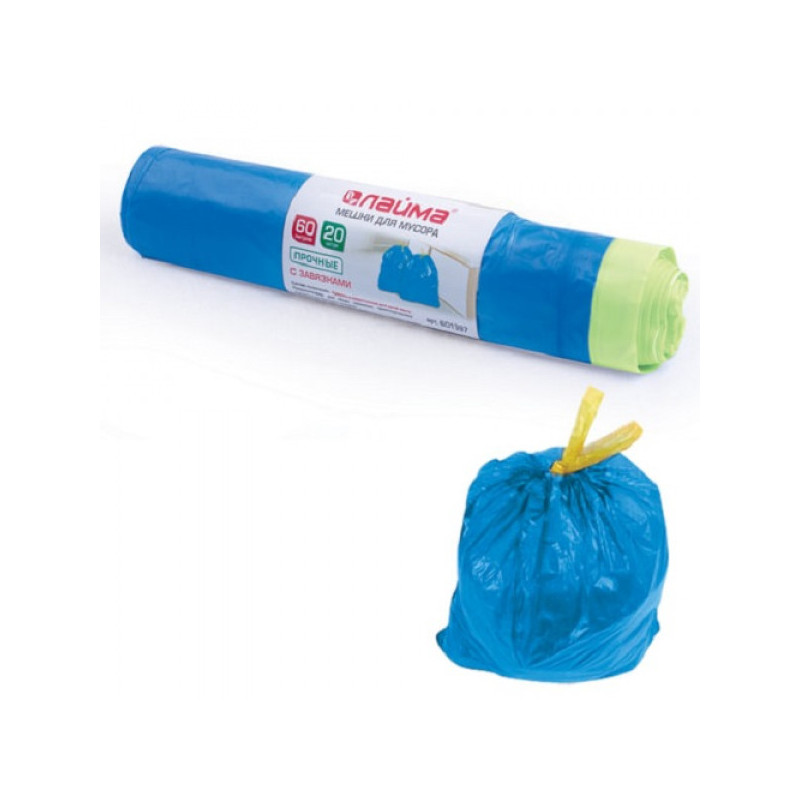 Мешки для мусора 60 л, завязки, синие, в рулоне 20 шт., ПНД, 12 мкм, 55х62 см (±5%), прочные, ЛАЙМА, 601397
