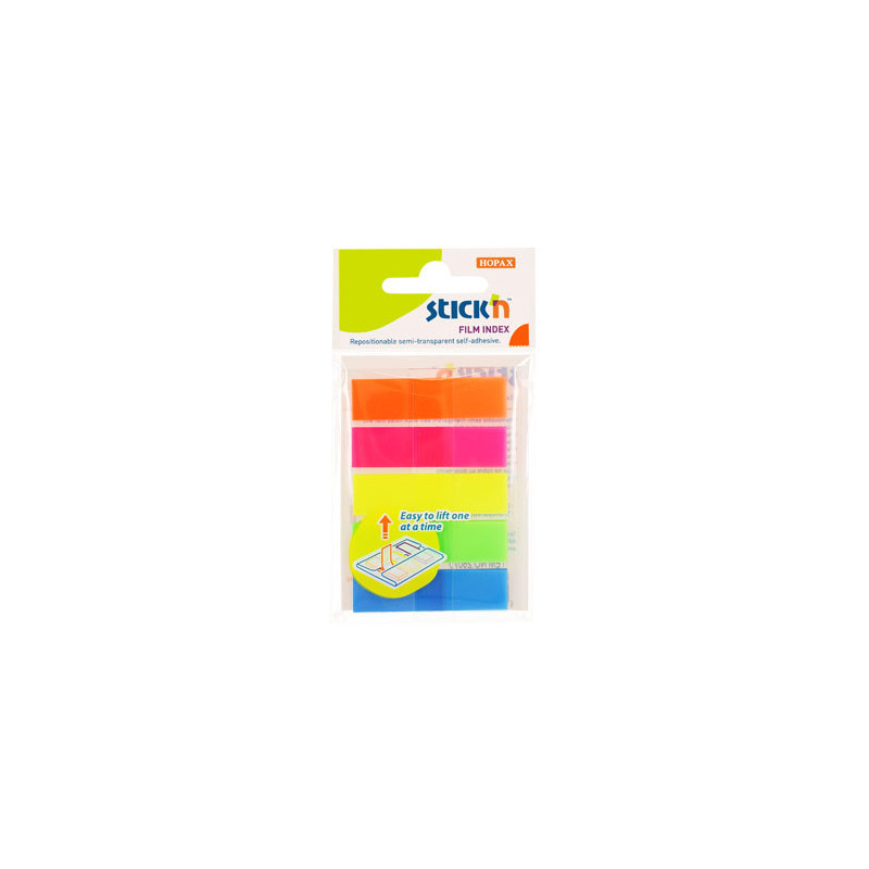 Клейкие закладки пластиковые Stick`n, 45x12 мм, 5 цветов, 5x20 листов, 100 закладок, Z-сложение, европодвес