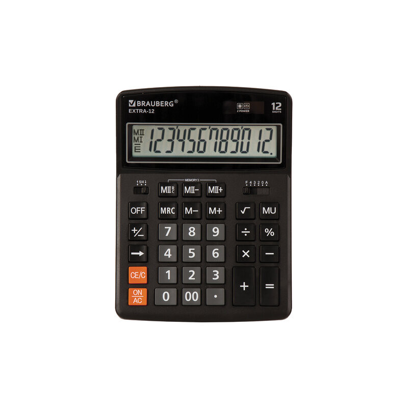 Калькулятор настольный BRAUBERG EXTRA-12-BK (206x155 мм), 12 разрядов, двойное питание, ЧЕРНЫЙ, 250481