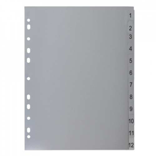 Разделители листов цифровой 1-12, пластик, серые, А4