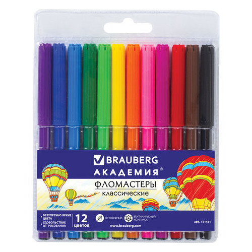 Фломастеры BRAUBERG "АКАДЕМИЯ", 12 цветов, вентилируемый колпачок, ПВХ упаковка
