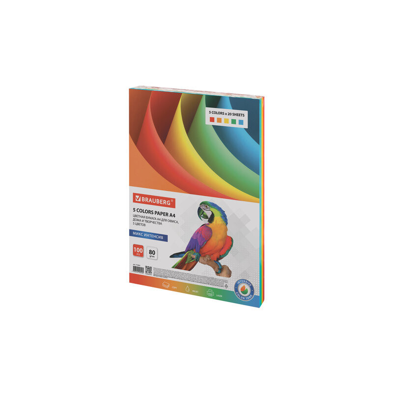 Бумага цветная BRAUBERG, А4, 80 г/м2, 100 л., (5 цветов х 20 л.), интенсив, для офисной техники