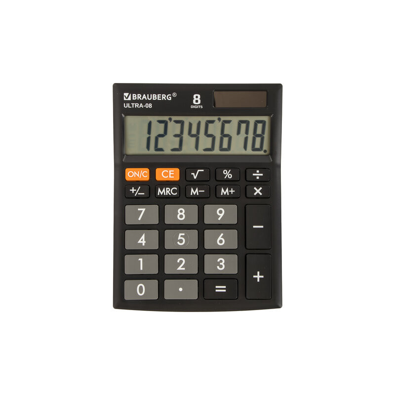 Калькулятор настольный BRAUBERG ULTRA-08-BK, КОМПАКТНЫЙ (154x115 мм), 8 разрядов, двойное питание, ЧЕРНЫЙ, 250507