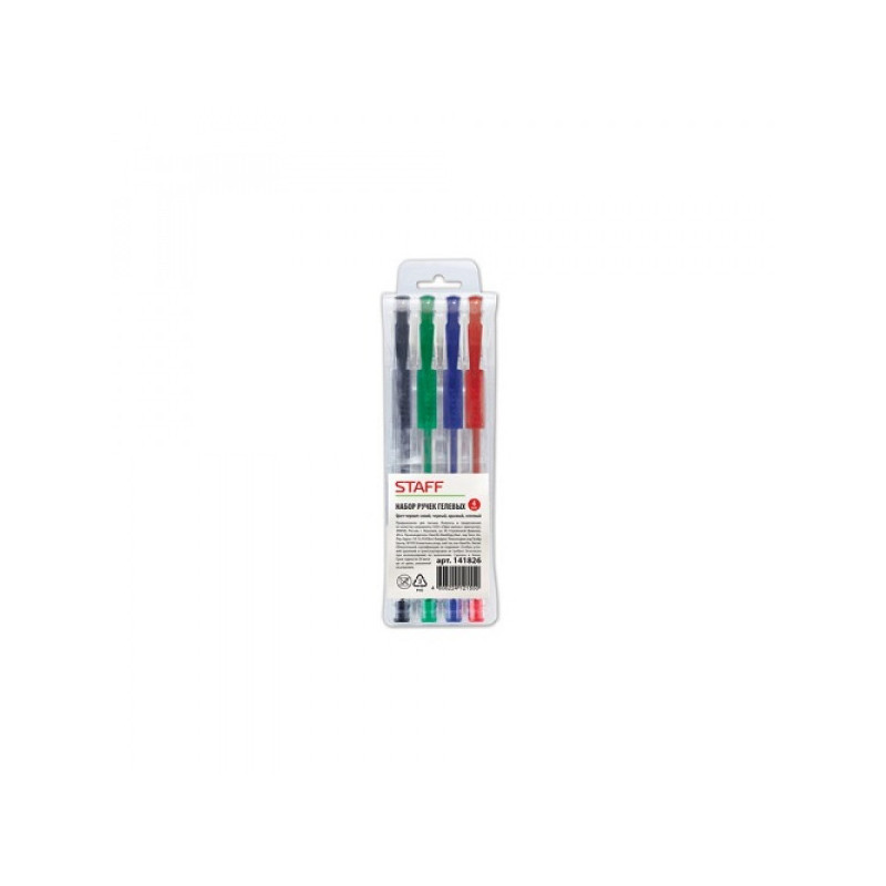 Ручки гелевые STAFF, набор 4 шт., узел 0,5 мм, линия 0,35 мм, резиновый упор (синяя, черная, красная, зеленая), 141826