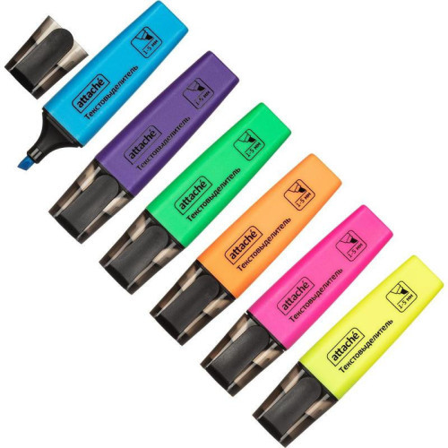 Набор текстовыделителей 1-5 мм, 6 цветов/желтый/зеленый/оранжевый/розовый/голубой/фиолетовый, скошенный наконечник, Attache