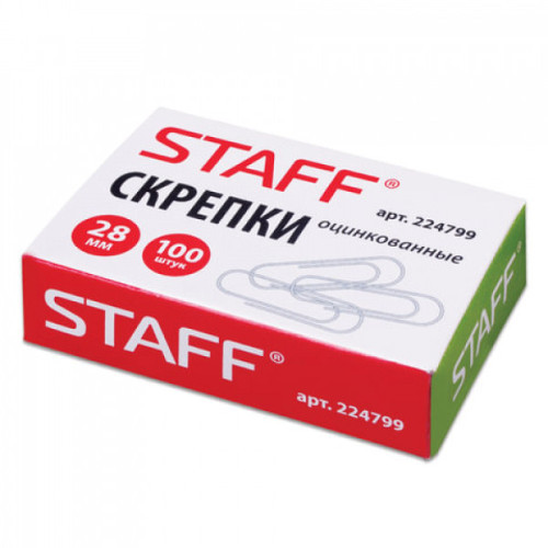 Скрепки STAFF, 28 мм, оцинкованные, 100 шт., в картонной коробке