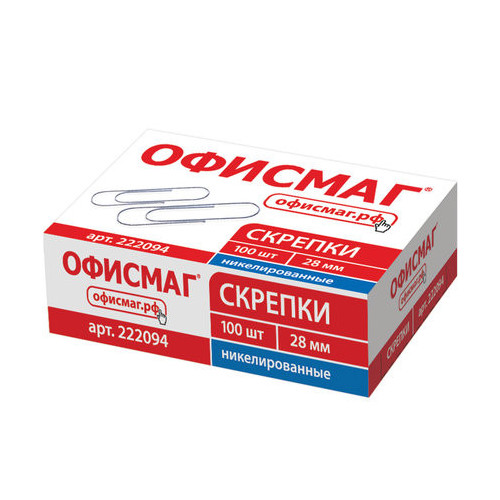 Скрепки ОФИСМАГ, 28 мм, никелированные, 100 шт., в картонной коробке