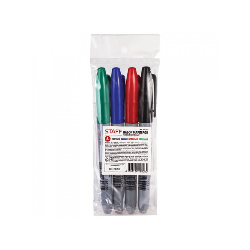 Набор маркеров перманентных STAFF набор 4 штуки 2,5 мм черный, синий, красный, зеленый 151237