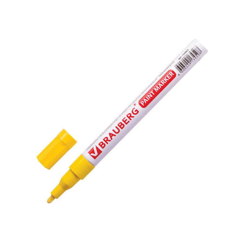 Маркер-краска лаковый (paint marker), 1-2 мм, желтый, нитро-основа, алюминиевый корпус, BRAUBERG, 150863