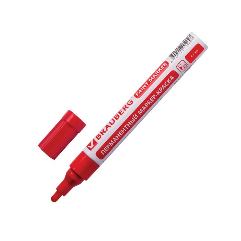 Маркер-краска лаковый (paint marker), 2-4 мм, красный, нитро-основа, алюминиевый корпус, BRAUBERG, 150874